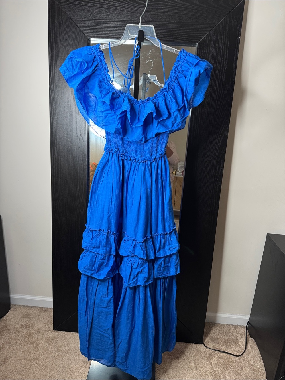 Bright Blue Ruffle-Tier Maxi Dress with Off-Shoulder Detail